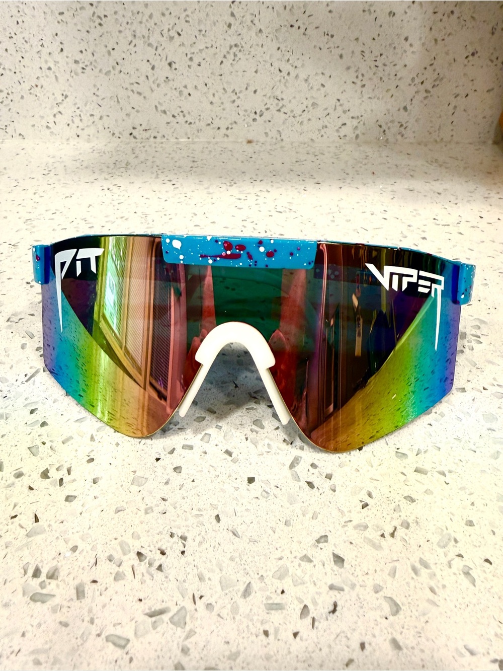 Pit Viper Rainbow Mirrored Shield Sunglasses with Blue Speckled Frame